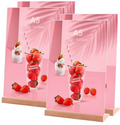 Srvnpioy A5 Aufsteller Tischaufsteller, 4 Stück, Speisekarte A5 Ständer Werbeaufsteller, L-Ständer Holzsockel Menükartenhalter A5 aus Glasklar Acryl für Restaurants Speisekarten Dokumente Büro