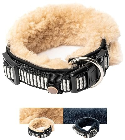 CHRIS innovatives Hundehalsband aus Lammwolle, Halsband vermindert erheblich Haarbruch, gepolstert, reflektierend, verstellbar, für kleine mittel große Hunde in M (35-45cm), L (45-55cm), XL (55-65cm)