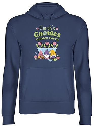 Shopagift Personalised Gnomes Garden Party Hoodie Unisex Gardening Gardener Hoody Gift Hooded Top Navy Blue