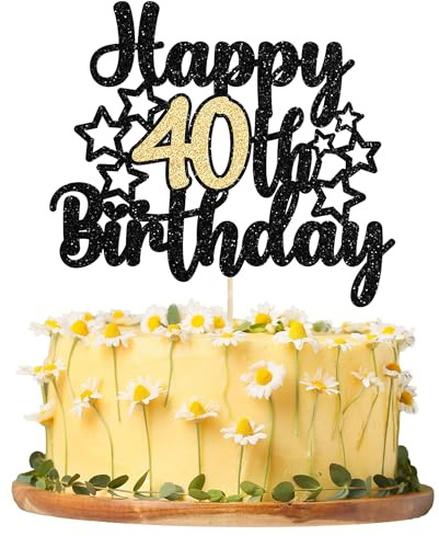 Gyufise 1Pc Happy 40th Birthday Cake Topper Black Gold Glitter Cheers to 40 Years Birthday Cake Pick 40 Fabulous Cake Decoration for Birthday Theme Happy 40th Birthday Party Supplies