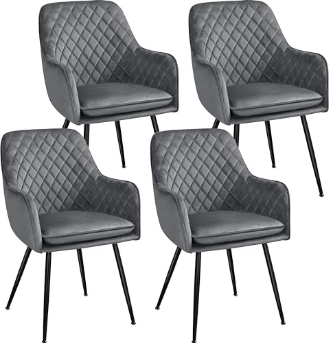 Yaheetech Esszimmerstühle 4er Set Küchenstühle, Polsterstühle mit Armlehnen Metallbeine, Seesel aus Samtstoff für Arbeitszimmer/Wohnzimmer, Dunkelgrau, Samt