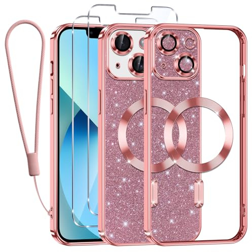Kokio Glitter Magnetica Cover per iPhone 13 con Cordino, Compatibile con MagSafe, Brillantini Sottile Silicone TPU Antiurto Custodia per iPhone 13 con 2 Vetro Temperato Bumper, Rosa