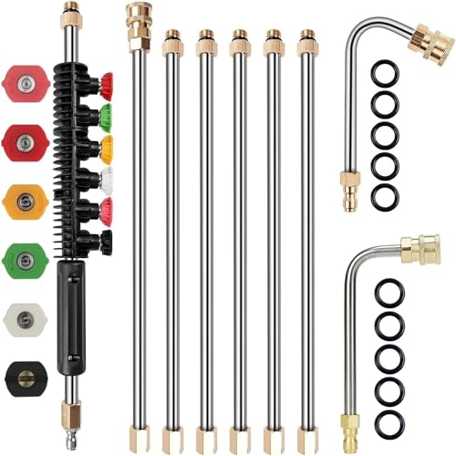 Pressure Washer Extension Wand, Power Washer Lance with Spray Nozzle Tips, 1/4 Quick Connect, 30°, 90° Gutter Cleaner Attachment Curved Rod, 10 Replaceable Anti-Leaked Ring, 4000 PSI