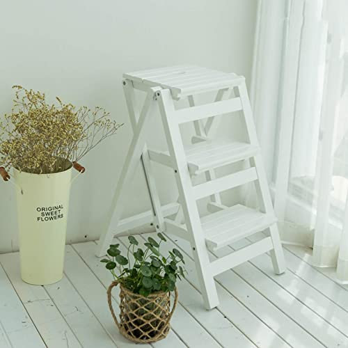 GeRRiT Weiße 3 Stufen Leiterstühle Regal Massivholz Multifunktions Klappleiter Stuhl Doppelnutzung Tritthocker/Blumenständer/Schuhbank/Stuhl für drinnen und draußen