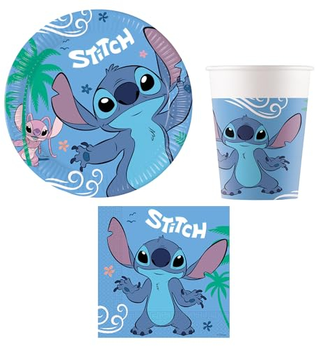 Procos - Set da festa Stitch and Angel, set di stoviglie da 52 pezzi per feste di compleanno per bambini o feste a tema, decorazione della tavola