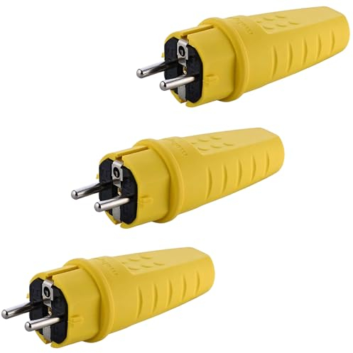Fiche en Caoutchouc, Fiche Schuko 230V, 16A, IP44, Étanche, Incassable, Fiche de Contact de Protection, Contact de Protection, Câble jusqu'à max. 2,5 mm², Jaune, 3 Pièces