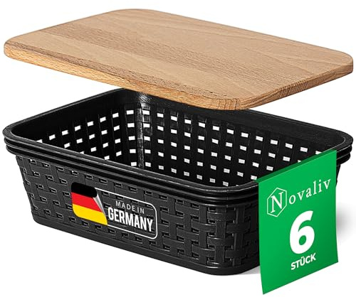 Novaliv 6er Set Aufbewahrungsboxen mit Holzdeckel Mini 1L Korb Schwarz in Rattan Design Lebensmittelecht Aufbewahrungskorb Stapelboxen Nestbar Kunststoff BPA-frei Kiste Verstaubboxen mit Deckel
