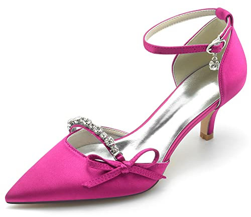HFWXYSA Décolleté da donna a punta con tacco medio alto, cinturino alla caviglia, in raso, scarpe da sposa, da sera, feste, matrimoni, décolleté con strass, Fucsia, 40 EU