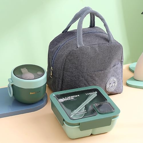 Boîte à bento pour adultes et enfants, 1100 ml avec sac isotherme, couverts, tasse à soupe, boîte à déjeuner durable étanche avec compartiments, boîte de rangement alimentaire pour hommes, femmes,