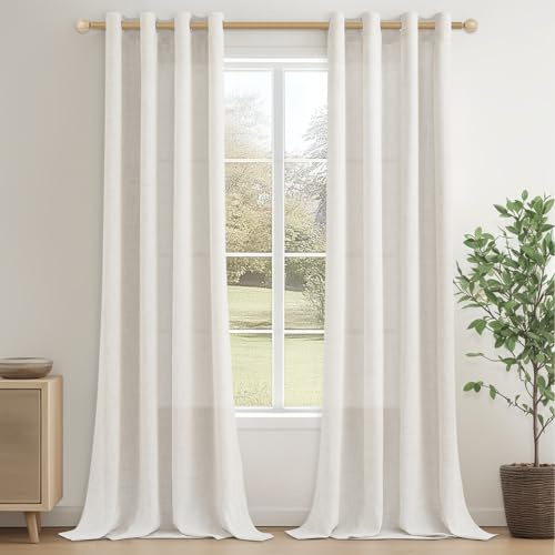 CUTEWIND Vorhänge Leinen mit Ösen Creme Halbtransparent für Wohnzimmer Schlafzimmer, Landhaus Gardine Fenster Vintage Gardinen Schals Leinenoptik 2er Set, 245 cm Lang, 140 cm Breit, Elfenbeinweiß