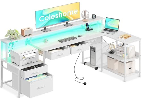 Coleshome 195x100 cm Corner Desk with Drawers, Reversible L Shaped Gaming Desk with LED lights & Power Outlet, Home Office Desks with Monitor Shelf, Computer Table with Storage, White