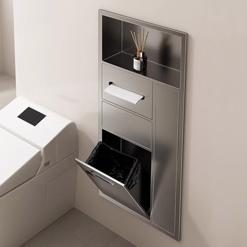 Duschnische aus Edelstahl,Eingelassener Toilettenpapierhalter Aufbewahrungsregal für Toilettenartikel,Wasserdichtes Badezimmer-Aufbewahrungsregal Eingebautes Mülleimerregal,für Hotel, Wohnbereich