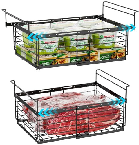 iSPECLE Chest Freezer Baskets, for 283L - 566L Deep Freezer, 2 Pack Expandable Hanging Freezer Organiser Easy Slide to Access Bottom Food, Heavy-Duty Metal Units for Bulk Storage, Black