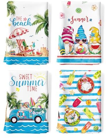 Arquiel Set di 4 strofinacci estivi GNOME 100% cotone, 48x70 cm, asciugamani regalo cucina