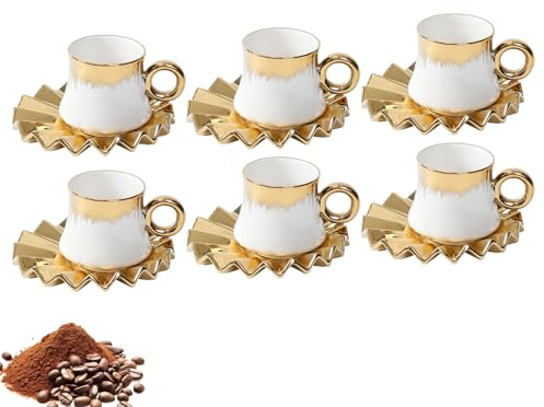 YCWF Lot de 6 tasses à café turc avec soucoupes, tasses à thé en céramique pour expresso, cappuccino, latte, moka, 100 ml, or blanc