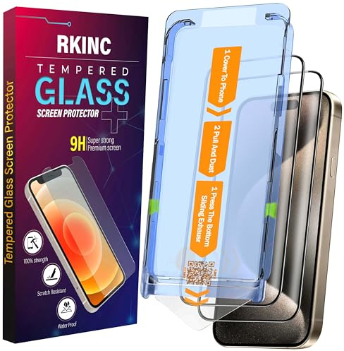 RKINC Vetro Temperato [2 Pezzi] per iPhone 15 Pro Max 6.7 Inch, Pellicola salvaschermo, Durezza 9H [Installazione Rapida][Rimozione Automatica Della Polvere][Copertura Completa][senza bolle