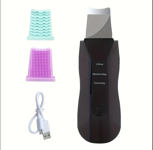 Derma Skin Scrubber, Face Scraper, Cuticle Remover, Ultrasonic Skin Scrubber, Blackhead Remover, Pore Scraper with 3 Modes, Wrinkle Remover Facial Cleansing Device (Black)