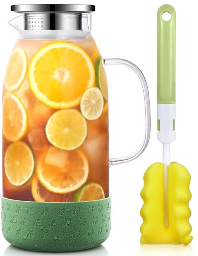 Glass Jug, ZBUFAN 2L Large Glass Water Jug with Lid, Borosilicate Water Carafe with Silicone Base, Heat Resistant Juice Pitcher for Fridge, Jugs with Lids, Green