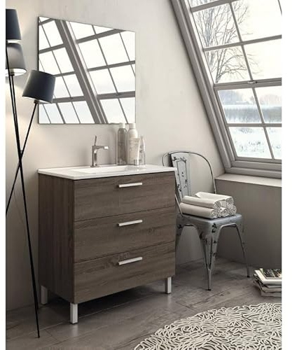 Aquore Conjunto Mueble de Baño Mallorca con Patas | Mueble de Baño 3 Cajones Modelo Mallorca | Incluye Lavabo Cerámico | Mueble al Suelo con Patas 3 Cajones (Britania, 60 x 45 x 84 cm)