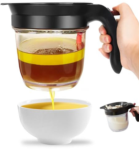 Separatore grasso per salse, in acciaio inox a doppia filtrazione, separatore grasso, 1 l, un pulsante di rilascio della pressa, filtro dell'olio con filtro e coperchio, separare olio e acqua durante