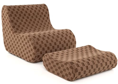 COSTWAY Bean Bag Chair with Footstool, Jacquard Teddy Plush Lazy Floor Sofa Chair and Ottoman Set with Washable Cover, Padded Accent Floor Couch Gaming Lounge Seat for Living Room Bedroom (Brown)
