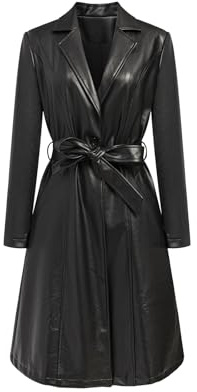 CXMNJ Women's Black Mid Length Faux PU Leather Trench Coat Long Sleeve Motorcycle Button Biker Overcoat With Belt