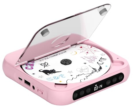 ENVYCLOUD CD Player Portable with Dual Stereo Speakers, Rechargeable Portable CD Player with Bluetooth for Home with Headphones, Support CD/AUX/USB,Pink