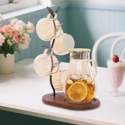 Jarra de cristal de 1,5 l con 4 vasos de agua de 350 ml, con soporte en forma de rama y base de madera, diseño moderno de líneas curvas, jarra de agua fría/caliente para té helado/leche/café