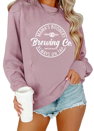 TAIUICY Women Maternity Nursing Sweatshirt Comfort Friendly Zip Breastfeeding Pullover Mama's Boobery Always on Tap Sweater, Pink, Large