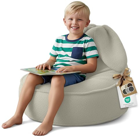 DreamRoots Sitzsack Kinder Bouclé, Hase Form, Kindersessel, Cremefarben | 315 g/m², OEKO-TEX, mit Schaumstoffflocken, Sessel Kinderzimmer, Waschbarer Bezug