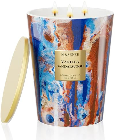 M&SENSE Stort doftljus i glas, vaniljsandelträ doftande ljus, 150 timmar brinntid sojavaxljus med 3 vekar, 990 g XXL-ljus för avkoppling, present till kvinnor, jul, födelsedag, mors dag