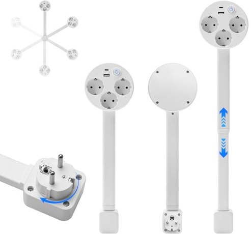 Steckdosenverlängerung mit ausziehbarer(45-67cm),drehbare steckdosenleiste,1 USB A,1 USB C und 3-Fach Steckdose,360°schwenkbar,ausziehbare Steckdose (Reines Weiß)