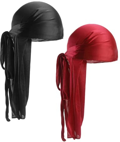 2 Piezas Durag Hombre de Seda Satinada Elástica, Bandana Pirata Unisex con Cola Larga y Tirantes Anchos, Accesorio Hip-Hop para Uso Diario Hombre Mujer