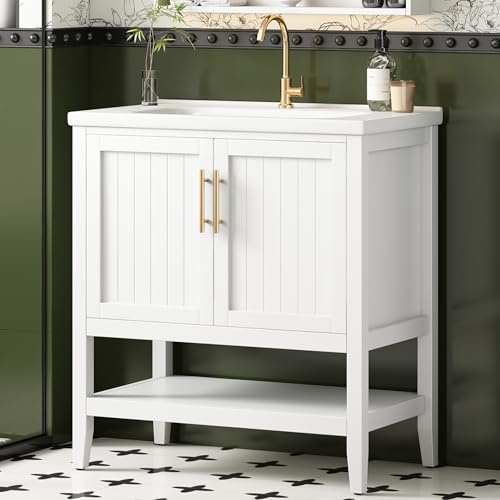 NADEUSAK Mobile da bagno singolo con base 80 x 90 cm, con lavabo in ceramica, bianco