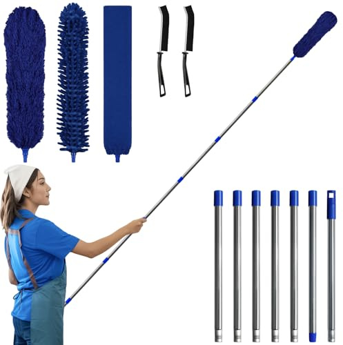 marysgift 122in / 310cm Feather Duster Extendable,Washable Bendable Chenille Microfibre Dusters,Gap Cleaning Tool Set,Long Feather Duster for High Ceilings,2 Crevice Cleaning Brush for Home (Blue)