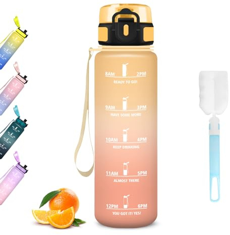 Mujigaga Botella Agua 1 litro con Filtros, Botella Agua Gimnasio, Con Marcador de Tiempo, A Prueba de Fugas Cantimplora, Diseño de Cerradura, Cantimplora para Deportes, Bicicleta, Exterior