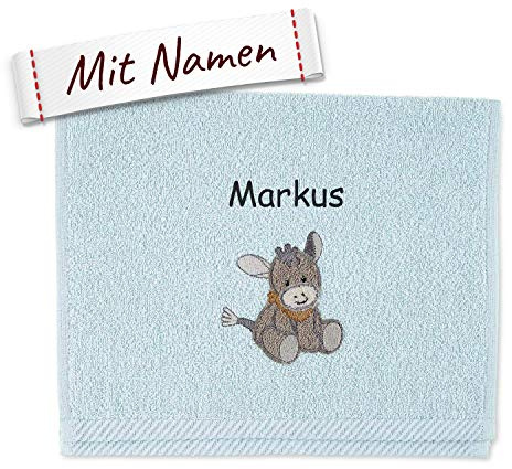 Sterntaler Kinderhandtuch Esel Emmi, Kinderhandtuch mit Namen Bestickt, Babyhandtuch personalisiert mit Wunschname Wunschtext, Geschenk zur Geburt, Taufe, Babygeschenk, Hellblau 50x30 cm