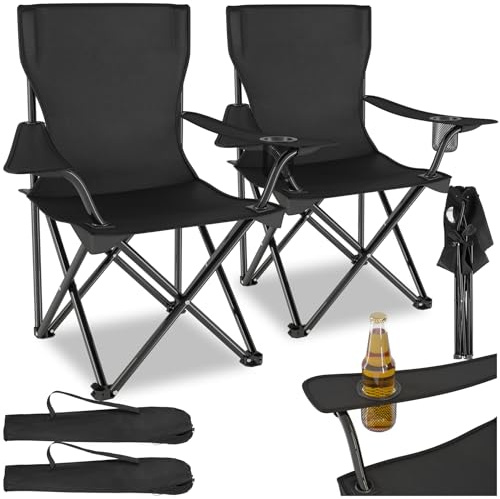 tectake® Set 2 Sedie da Campeggio Pieghevoli, Comoda Imbottitura, Sedie da Esterno con Tessuto in Poliestere, Bracciolo con Porta Bevande Incorporato, Pratica Borsa Inclusa - Nero