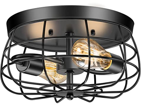 Lomoky 2-Light Farmhouse Ceiling Light Fixtures, Industrial Hallway Light, Vintage Black Metal Cage Ceiling Lamp for Living Room, Kitchen, Bedroom