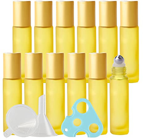 TIANZD 12 Stück Leere 10ml Matt Gelb Glas Roller Flaschen mit Alu Schraubverschluss, Roll-On Glasflaschen mit Glasroller für Ätherische Öle Essential Oil mit Trichter Öffner
