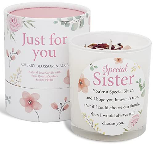 Sister Candle a Thoughtful Gifts for Sister - Ideal Special Sister Birthday Gifts Luxury SOYA Candle with Rose Quartz and Rose Petals