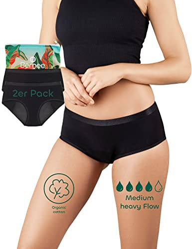 BeMee Nighttime Hipster aus Bio-Baumwolle, Menstruations-Unterwäsche, auslaufsicher, schadstoff-frei bei mittlerer bis starker Blutung, schwarz, Größe S, Doppelpack