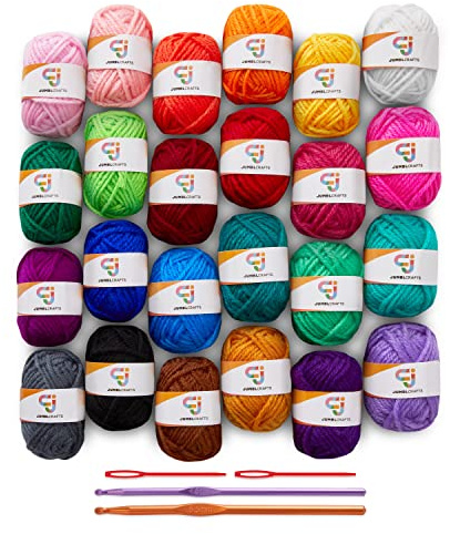 JumblCrafts Häkel-Starter-Kit mit 24 Garnen. 24 Stränge in lustiger Größe mit 2 Häkelnadeln und 2 Webnadeln, 24 verschiedene Farben aus Acrylgarn für Bastler. Ideal für Anfänger und Experten