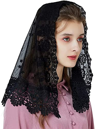 RUNRAYAY Schwarze florale Spitzenschleier, bestickte Kopfbedeckung lateinische Messe Mantille Kirche Schleier kurzes Tuch für Braut Frauen