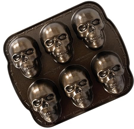 Nordic Ware Tortiera Halloween a Forma di Teschio, Stampo Torta e Cioccolatini con 6 Teschi, Formine Halloween in Alluminio Antiaderente, Accessori Cucina di Alta Qualità Made in USA, Colore: Bronzo