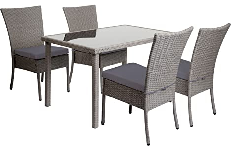 Mendler Poly-Rattan Garnitur HWC-G19, Sitzgruppe Balkon-/Lounge-Set, 4xStuhl+Tisch, 120x75cm - grau, Kissen dunkelgrau