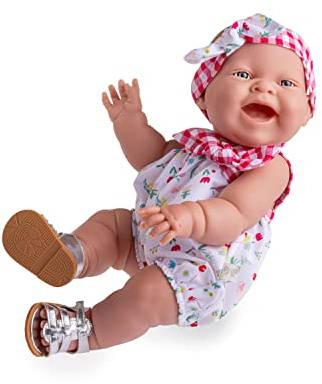 JC TOYS Lola Spring Picknick-Puppe, 36 cm, aus weichem Vinyl, lächelndes Gesicht, liegende Puppe, Kleidung Bedruckt Vichy und Blumen und Sandalen, Mädchen, ab 2 Jahren