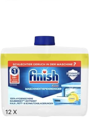 Finish Maschinentiefenreiniger Citrus – Flüssiger Maschinenreiniger gegen Kalk und Fett für eine saubere Spülmaschine – Sparpack mit 12 x 250 ml Maschinenpfleger mit Zitronenduft