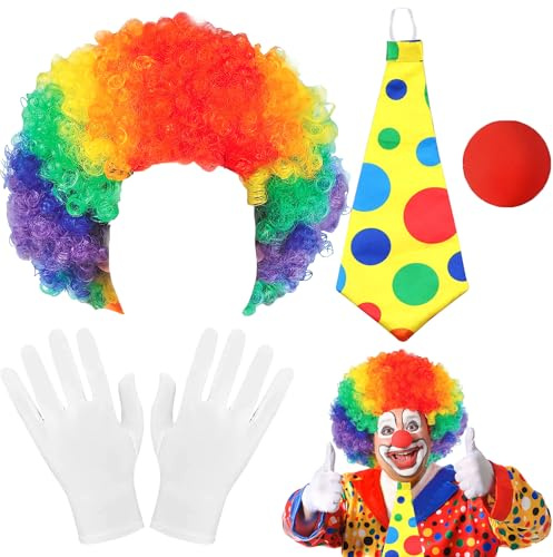 YOUYIKE Clown Kostüm Accessoire, 5 Stück Clown Kostüm Set, Clown Kostüm Kinder, Clown Lockenperücke+Clownsnase+Bunte Krawatte+Handschuhe Geeignet Kostümzubehör Für Karneval, Ostern Und Halloween
