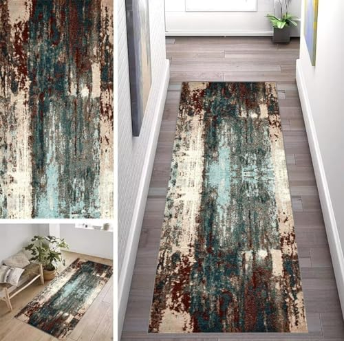 ZUZEKU Läufer Flur Küche Waschbar rutschfest 80X300cm Abstrakte Bunt Blau und Braun Vintage Lang Küchenteppich Flurteppich Teppich Fur Korridor Wohnzimmer Schlafzimmer Meterware Anpassbar